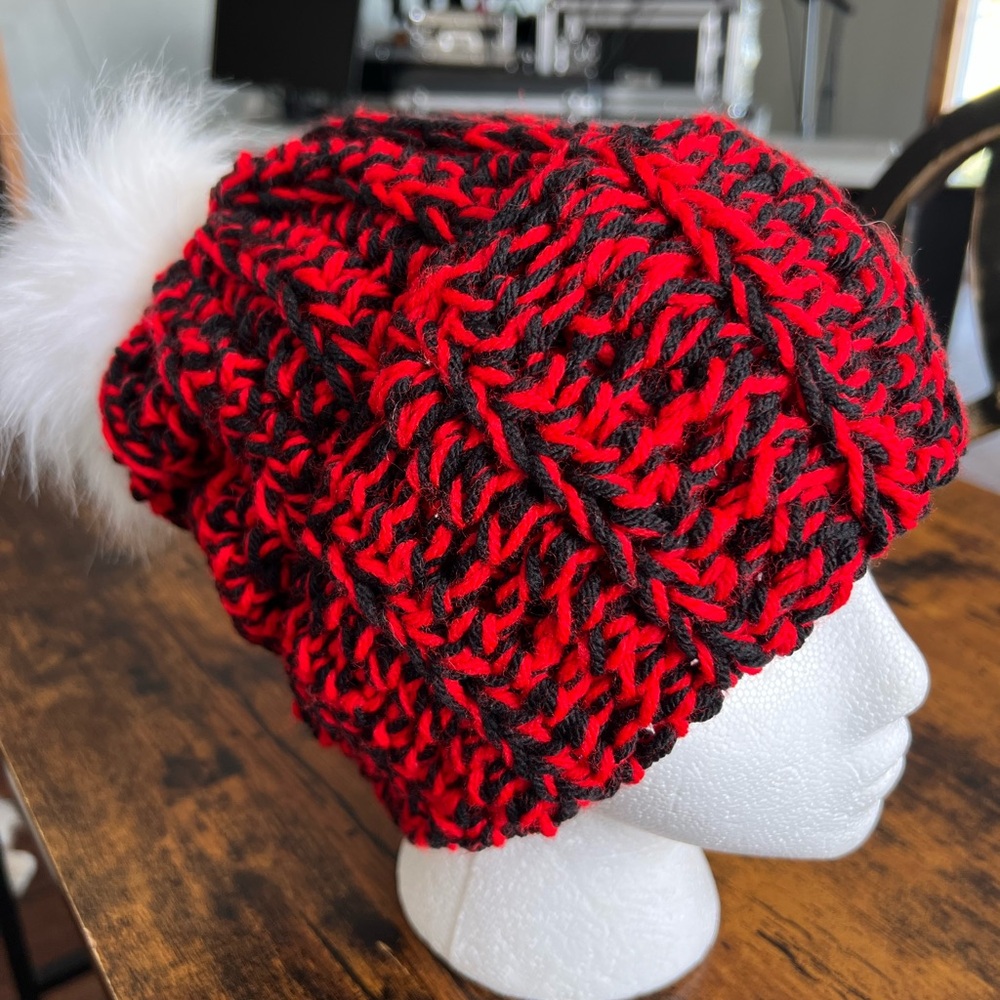 Red and Black Crochet Beanie with White Pom